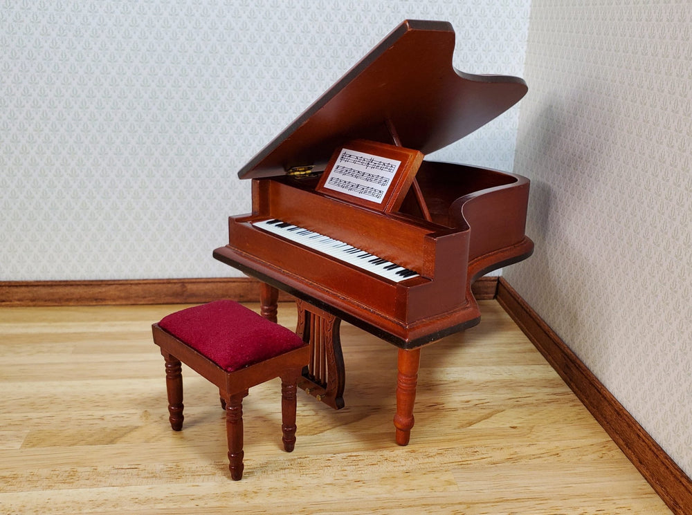 Dollhouse Grand Piano with Bench Seat Wood Instrument 1:12 Scale Miniature - MiniatureCrush