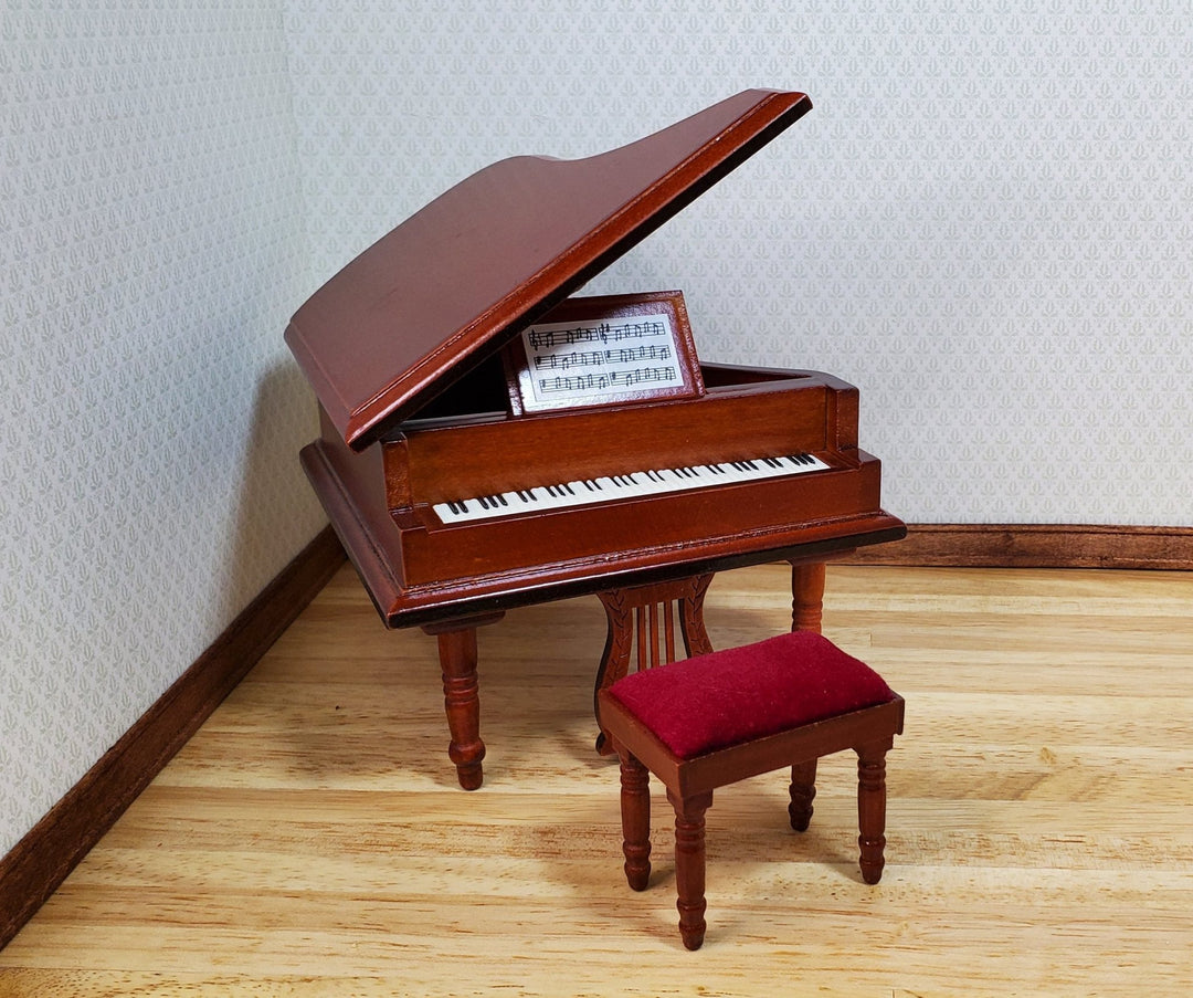 Dollhouse Grand Piano with Bench Seat Wood Instrument 1:12 Scale Miniature - MiniatureCrush