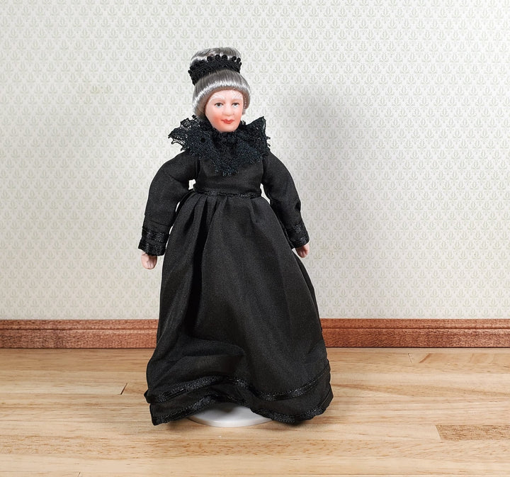 Dollhouse Grandma Grandmother Porcelain Doll Victorian Black Dress 1:12 Scale - MiniatureCrush