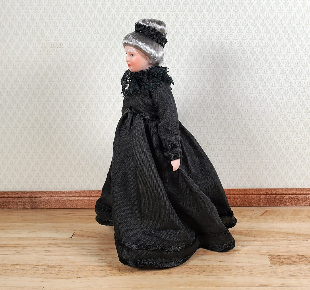 Dollhouse Grandma Grandmother Porcelain Doll Victorian Black Dress 1:12 Scale - MiniatureCrush