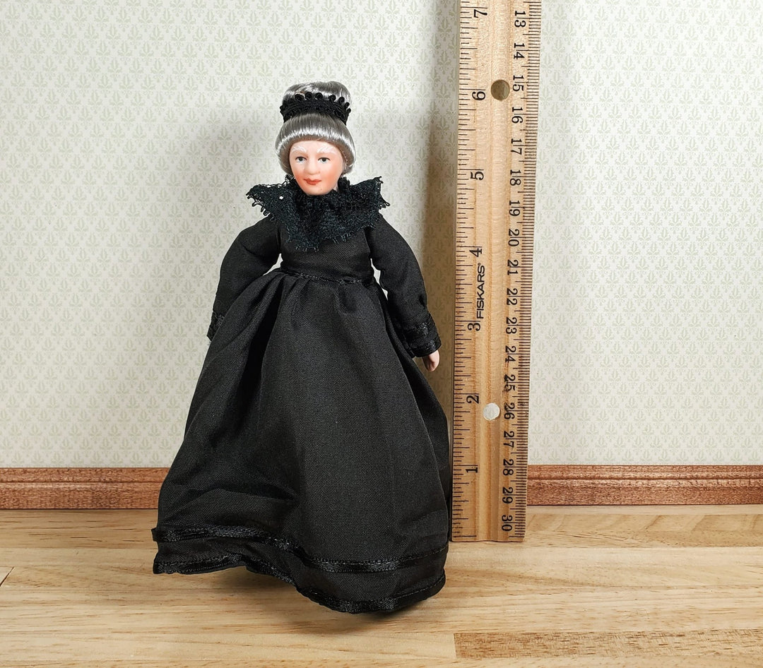Dollhouse Grandma Grandmother Porcelain Doll Victorian Black Dress 1:12 Scale - MiniatureCrush