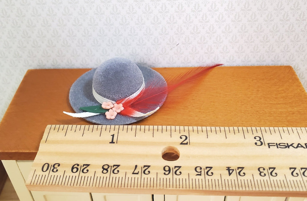 Dollhouse Gray Velvet Hat with Feather & Flowers Wearable 1:12 Scale Miniature - MiniatureCrush