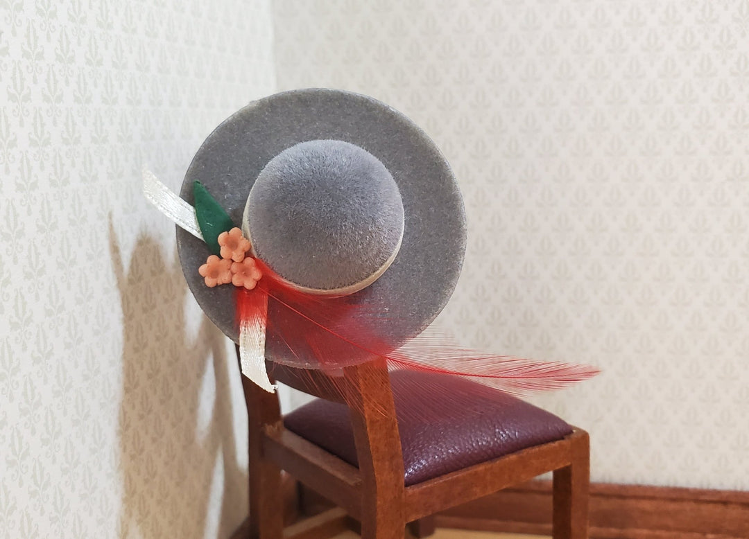 Dollhouse Gray Velvet Hat with Feather & Flowers Wearable 1:12 Scale Miniature - MiniatureCrush