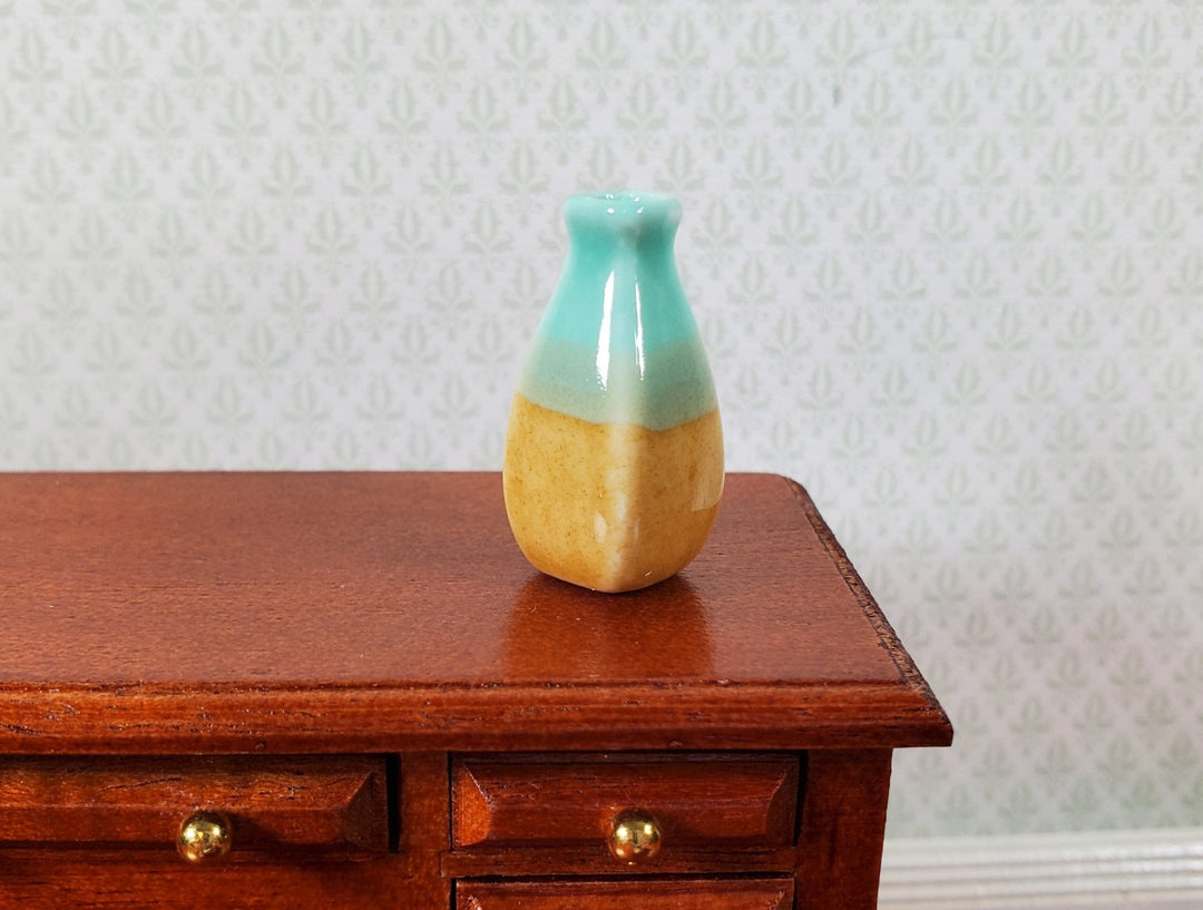 Dollhouse Green and Beige Square Ceramic Jar or Vase 1:12 Scale Miniature - MiniatureCrush