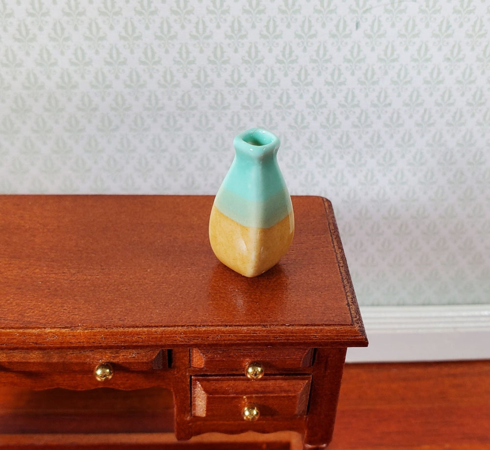 Dollhouse Green and Beige Square Ceramic Jar or Vase 1:12 Scale Miniature - MiniatureCrush