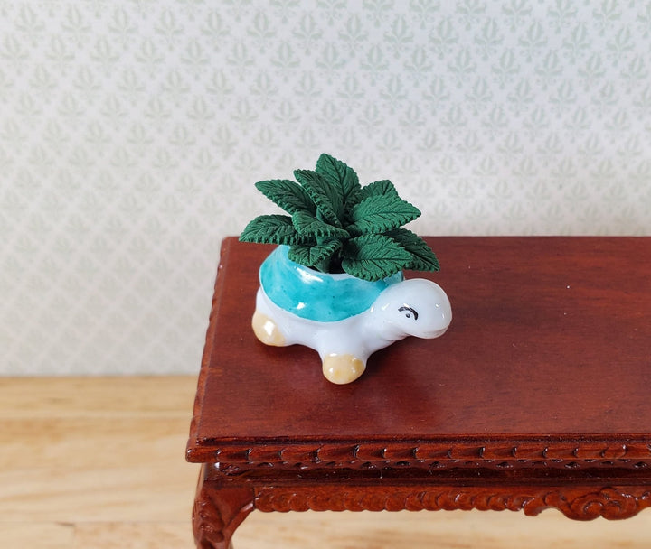Dollhouse Green Houseplant in Green Turtle Ceramic Planter 1:12 Scale Miniature - MiniatureCrush