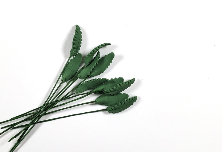 Dollhouse Green Leaves Long Stem Set of 10 Long Serrated 1:12 Scale Miniature - MiniatureCrush