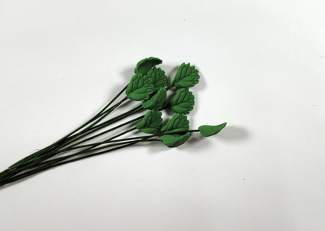 Dollhouse Green Leaves Long Stem Set of 10 Serrated Round 1:12 Scale Miniature - MiniatureCrush