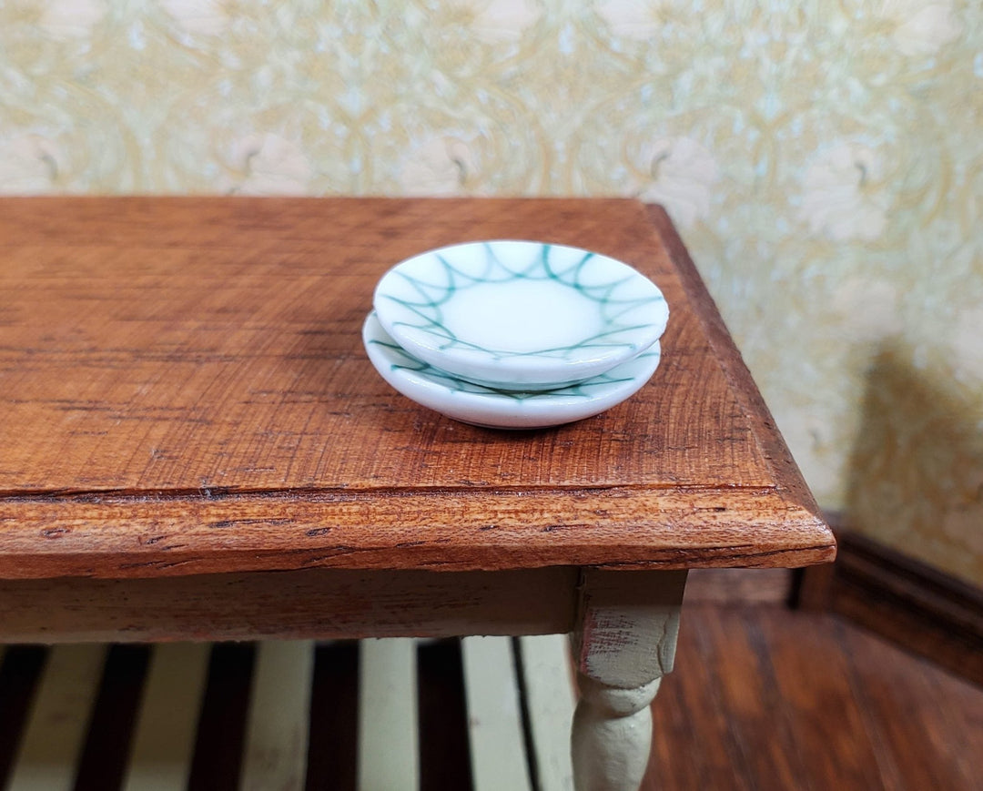 Dollhouse Green Trimmed Ceramic Plates Set of 2 1:12 Scale Miniature - MiniatureCrush