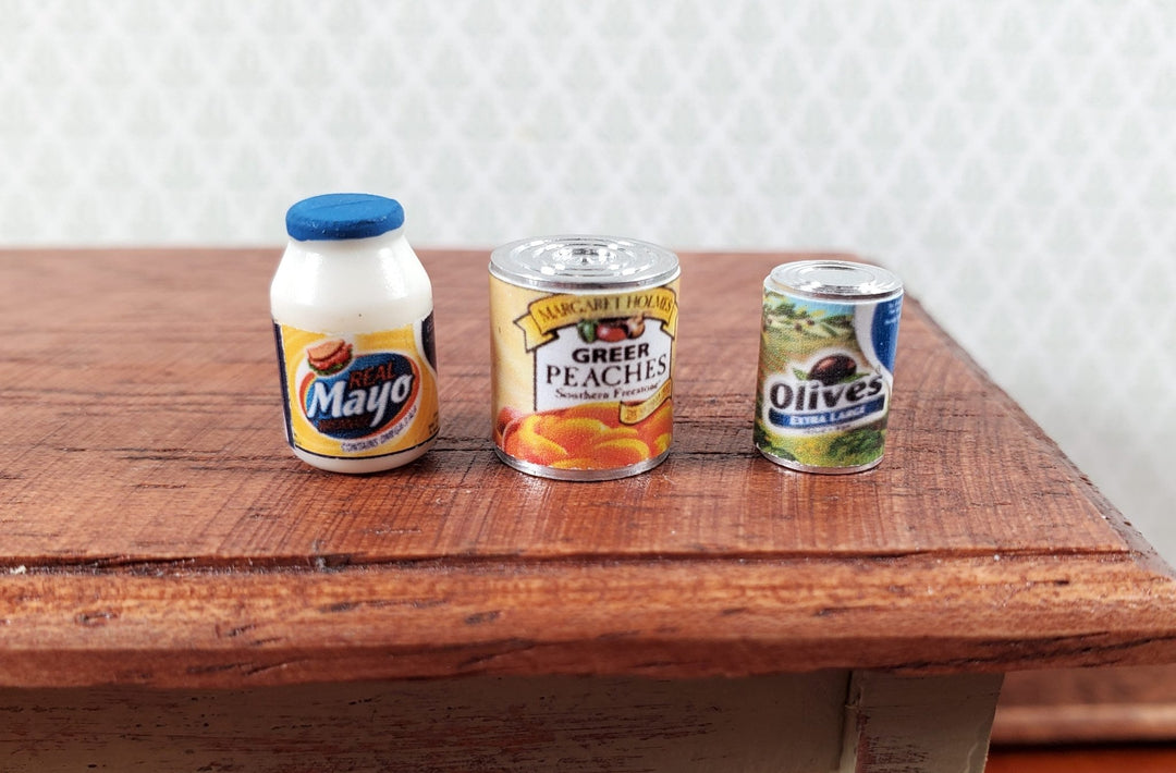 Dollhouse Grocery Items Set of 3 Peaches Mayo Black Olives 1:12 Scale Miniatures - Miniature Crush