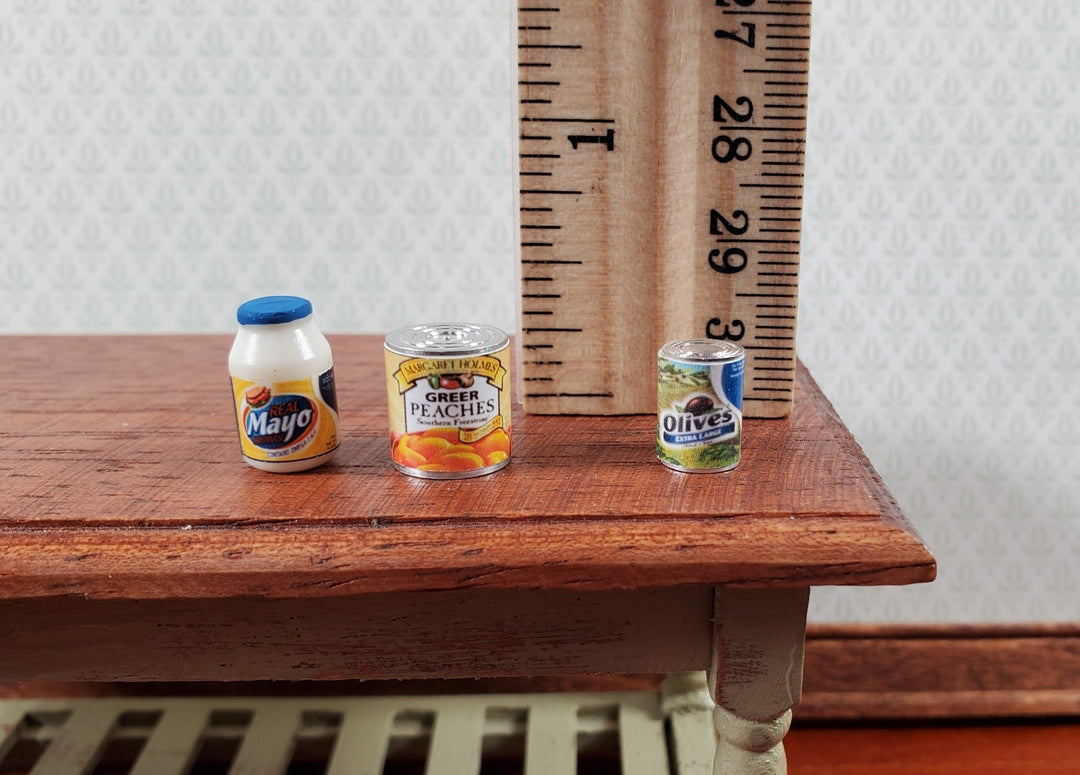 Dollhouse Grocery Items Set of 3 Peaches Mayo Black Olives 1:12 Scale Miniatures - Miniature Crush