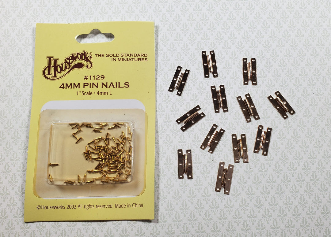 Dollhouse H Hinges Working Brass Gold x12 Gold 1:12 Scale Miniature with Nails - MiniatureCrush