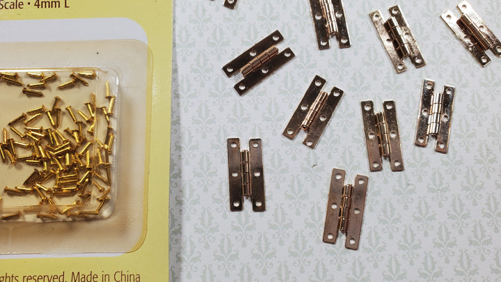 Dollhouse H Hinges Working Brass Gold x12 Gold 1:12 Scale Miniature with Nails - MiniatureCrush