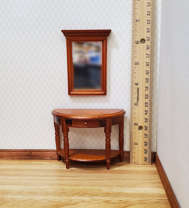 Dollhouse Half Round Table with Mirror 1:12 Scale Furniture Walnut Finish - MiniatureCrush