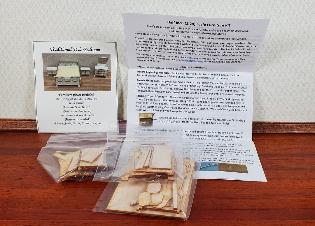 Dollhouse HALF SCALE Furniture DIY Kit Traditional Bedroom Bed Dressers 1:24