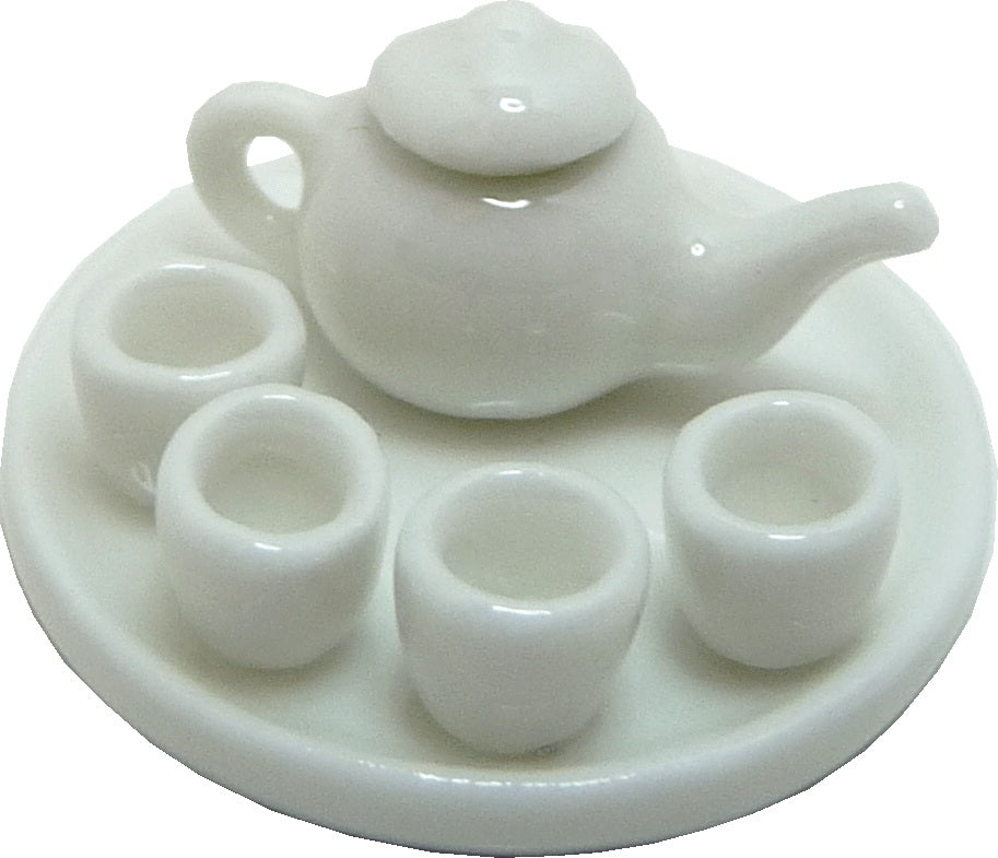 Dollhouse HALF SCALE White Ceramic Tea Set on White Serving Platter 1:24 Scale - MiniatureCrush