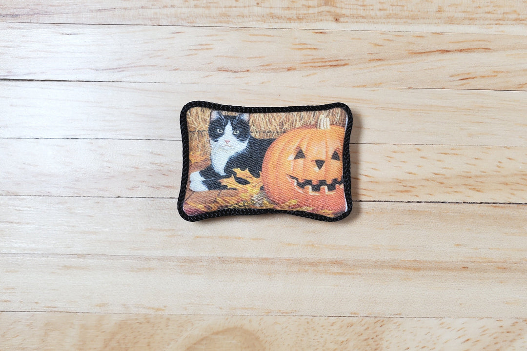 Dollhouse Halloween Cat with Pumpkin Pillow Handmade 1:12 Scale Miniature - MiniatureCrush