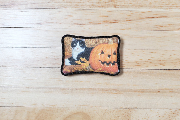Dollhouse Halloween Cat with Pumpkin Pillow Handmade 1:12 Scale Miniature - MiniatureCrush