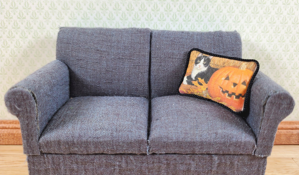 Dollhouse Halloween Cat with Pumpkin Pillow Handmade 1:12 Scale Miniature - MiniatureCrush