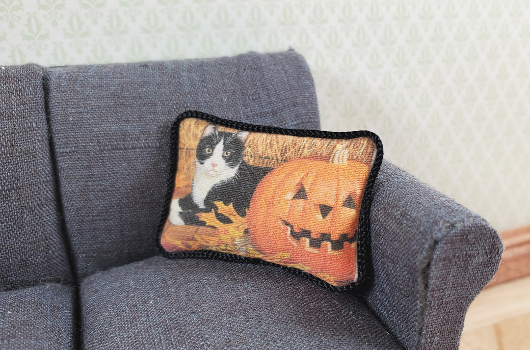 Dollhouse Halloween Cat with Pumpkin Pillow Handmade 1:12 Scale Miniature - MiniatureCrush