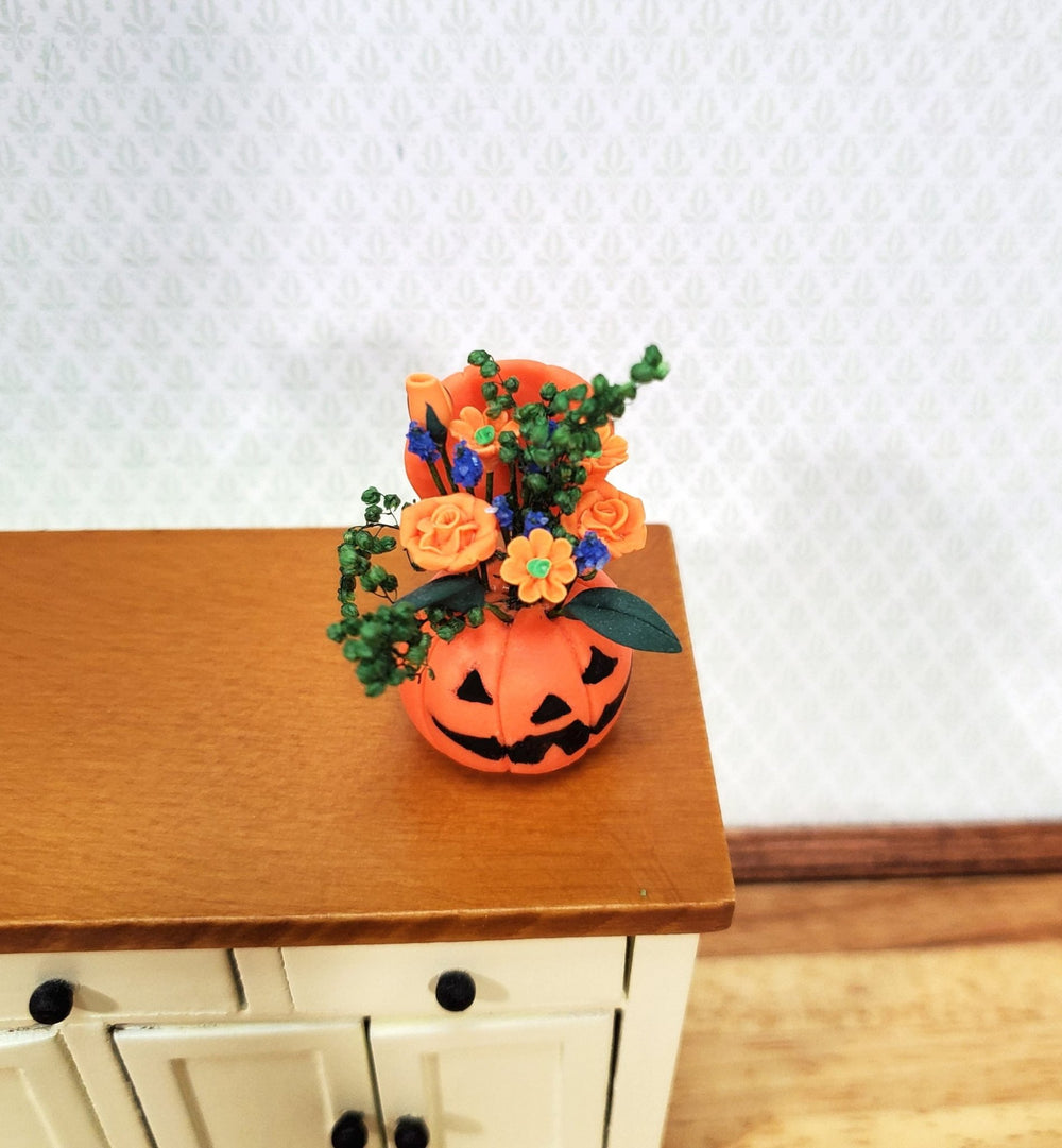 Dollhouse Halloween Fall Flowers Display Pumpkin 1:12 Scale Floral Arrangement - MiniatureCrush