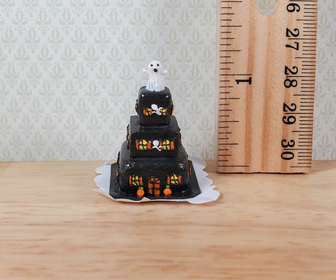 Dollhouse Halloween Mansion with Ghost 3 Tier Cake 1:12 Scale Miniature Dessert - MiniatureCrush