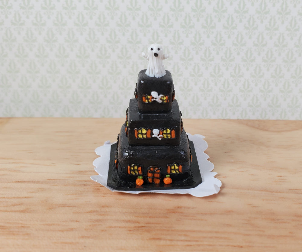 Dollhouse Halloween Mansion with Ghost 3 Tier Cake 1:12 Scale Miniature Dessert - MiniatureCrush