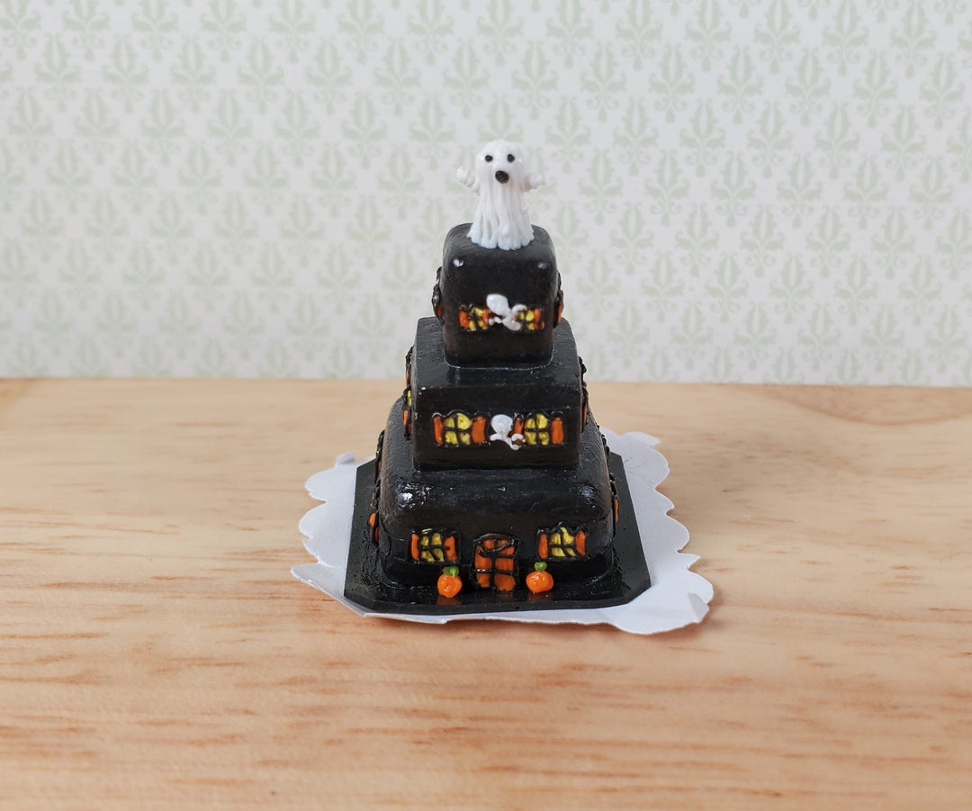 Dollhouse Halloween Mansion with Ghost 3 Tier Cake 1:12 Scale Miniature Dessert - MiniatureCrush