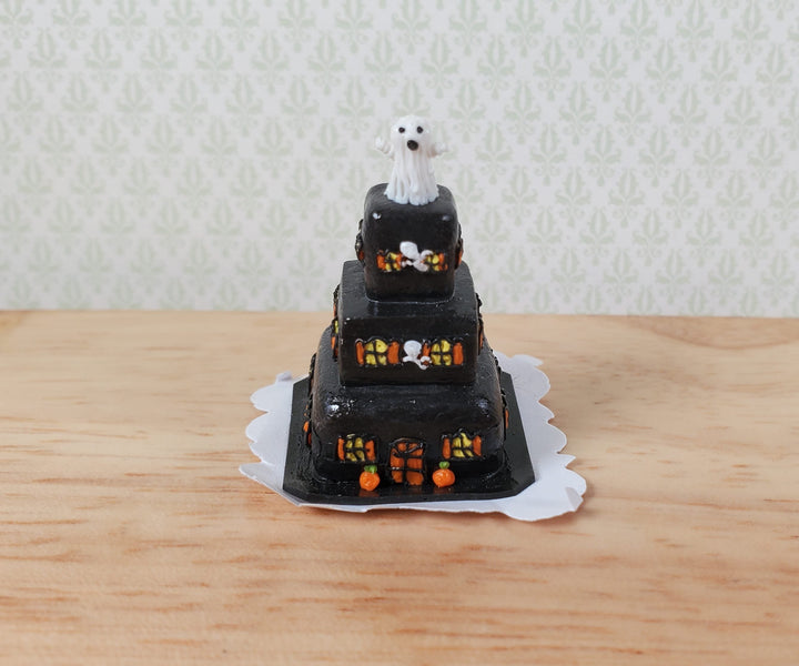 Dollhouse Halloween Mansion with Ghost 3 Tier Cake 1:12 Scale Miniature Dessert - MiniatureCrush