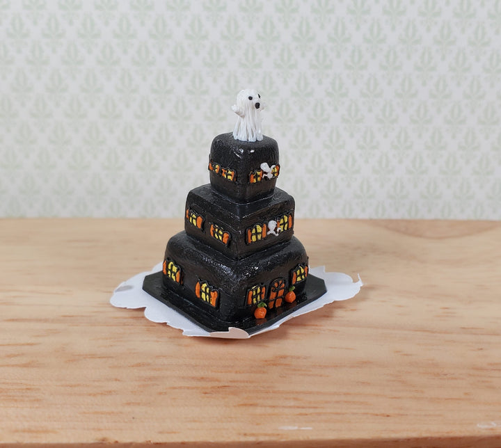Dollhouse Halloween Mansion with Ghost 3 Tier Cake 1:12 Scale Miniature Dessert - MiniatureCrush