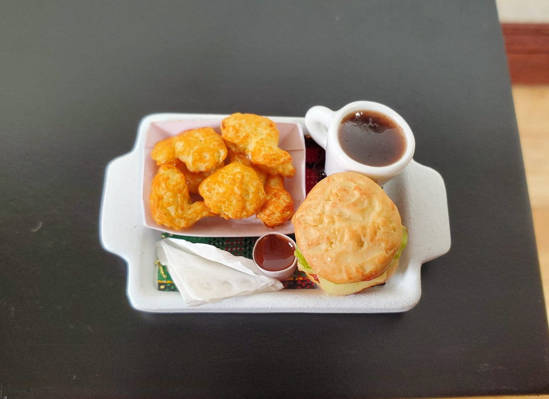 Dollhouse Hamburgers Wings Coffee Sauce on Tray 1:12 Scale Miniature Food Drink - MiniatureCrush