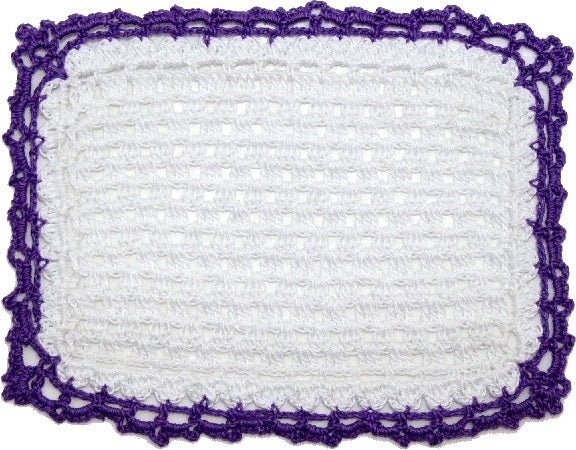 Dollhouse Hand Crochet Baby Blanket White with Purple Trim 1:12 Scale Miniature - MiniatureCrush