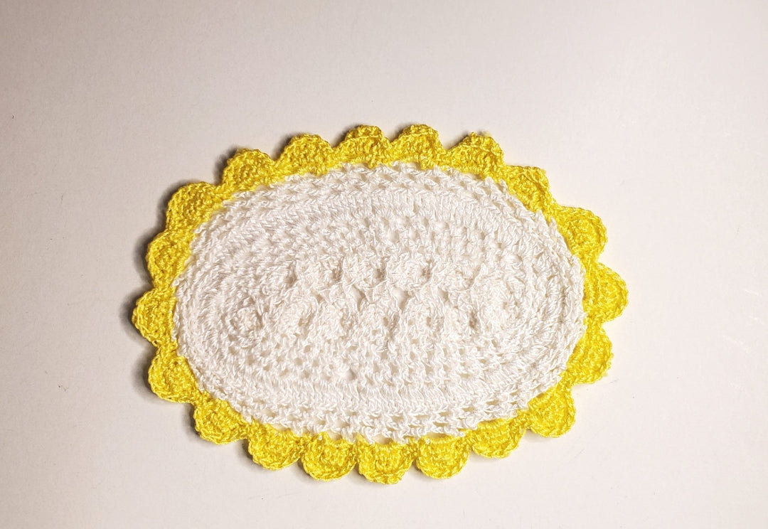 Dollhouse Hand Crocheted Oval Doily Rug White Yellow Trim 1:12 Scale Miniature - MiniatureCrush