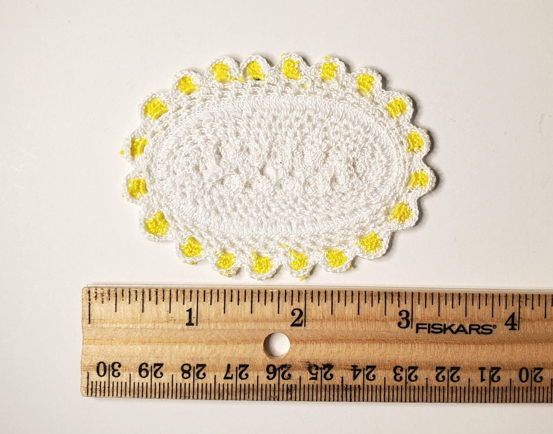 Dollhouse Hand Crocheted Oval Doily Rug White Yellow Trim 1:12 Scale Miniature - MiniatureCrush