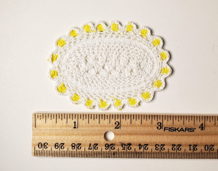 Dollhouse Hand Crocheted Oval Doily Rug White Yellow Trim 1:12 Scale Miniature - MiniatureCrush