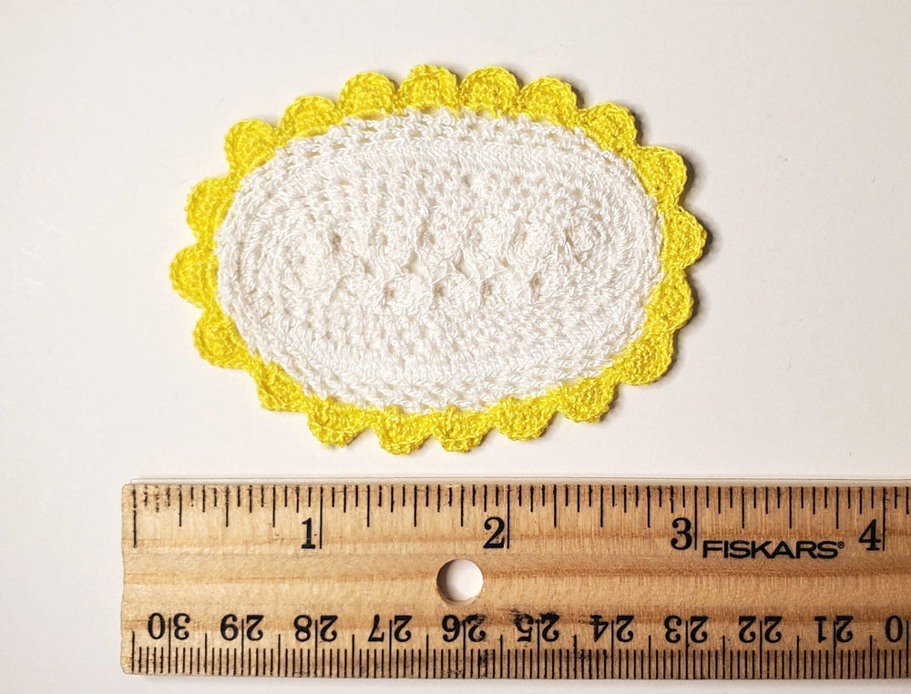 Dollhouse Hand Crocheted Oval Doily Rug White Yellow Trim 1:12 Scale Miniature - MiniatureCrush