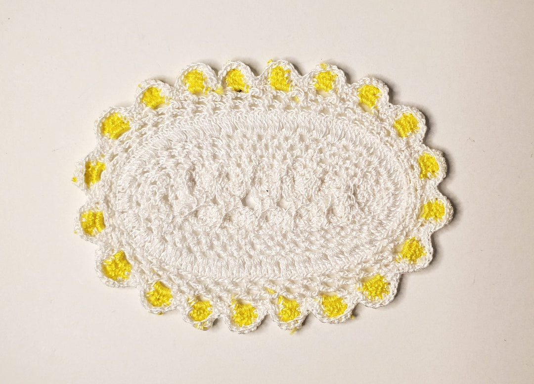 Dollhouse Hand Crocheted Oval Doily Rug White Yellow Trim 1:12 Scale Miniature - MiniatureCrush