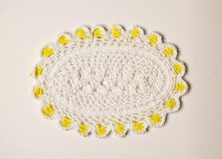 Dollhouse Hand Crocheted Oval Doily Rug White Yellow Trim 1:12 Scale Miniature - MiniatureCrush
