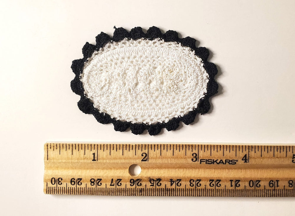 Dollhouse Hand Crocheted Oval Doily White with Black Trim 1:12 Scale Miniature - MiniatureCrush