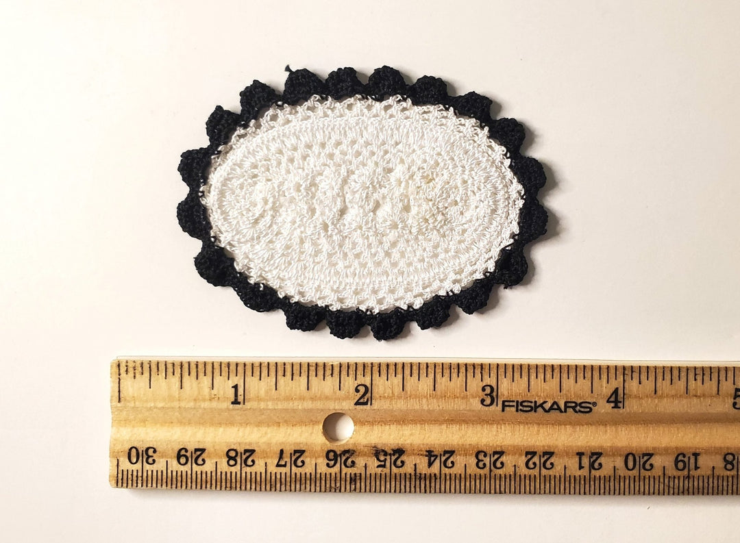 Dollhouse Hand Crocheted Oval Doily White with Black Trim 1:12 Scale Miniature - MiniatureCrush