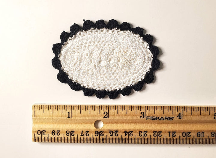 Dollhouse Hand Crocheted Oval Doily White with Black Trim 1:12 Scale Miniature - MiniatureCrush