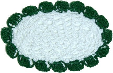 Dollhouse Hand Crocheted Oval Doily White with Green Trim 1:12 Scale Miniature - MiniatureCrush