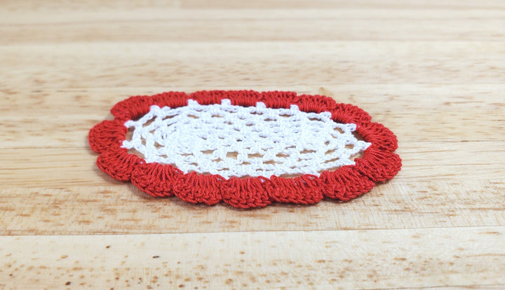 Dollhouse Hand Crocheted Oval Doily White with Red Trim 1:12 Scale Miniature - MiniatureCrush