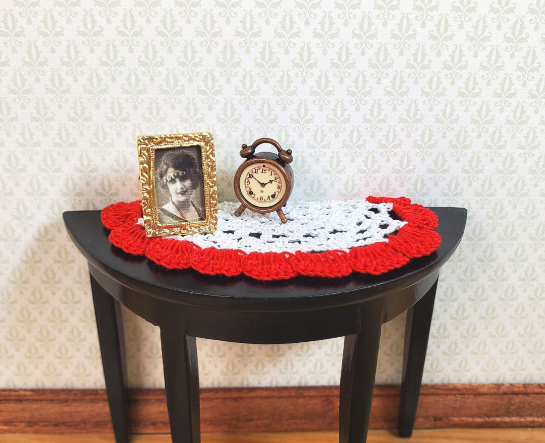 Dollhouse Hand Crocheted Oval Doily White with Red Trim 1:12 Scale Miniature - MiniatureCrush