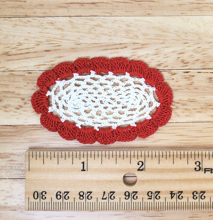 Dollhouse Hand Crocheted Oval Doily White with Red Trim 1:12 Scale Miniature - MiniatureCrush