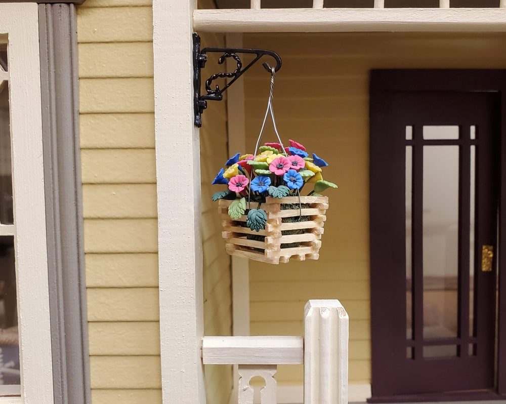 Dollhouse Hanging Basket of Petunias 1:12 Scale Miniature Flowers Wood Planter - MiniatureCrush