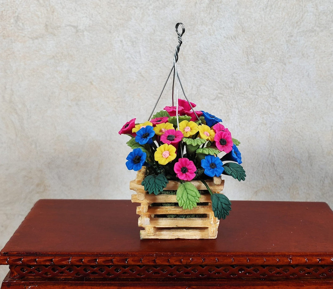 Dollhouse Hanging Basket of Petunias 1:12 Scale Miniature Flowers Wood Planter - MiniatureCrush