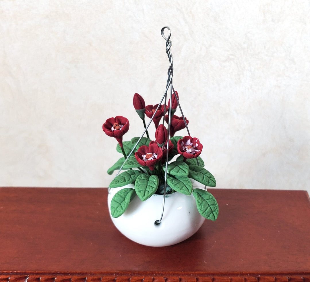 Dollhouse Hanging Basket of Red Flowers White Ceramic Pot 1:12 Scale Miniature - MiniatureCrush