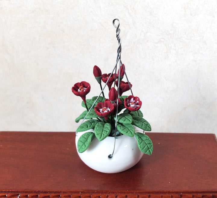 Dollhouse Hanging Basket of Red Flowers White Ceramic Pot 1:12 Scale Miniature - MiniatureCrush