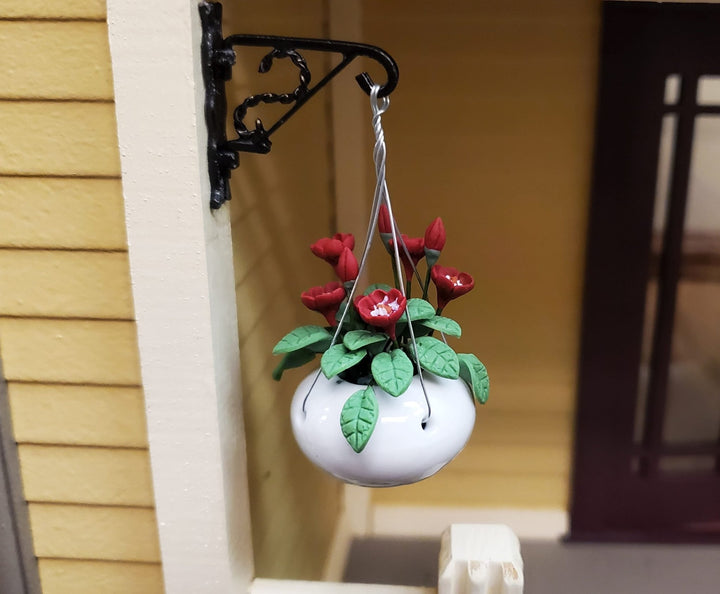 Dollhouse Hanging Basket of Red Flowers White Ceramic Pot 1:12 Scale Miniature - MiniatureCrush